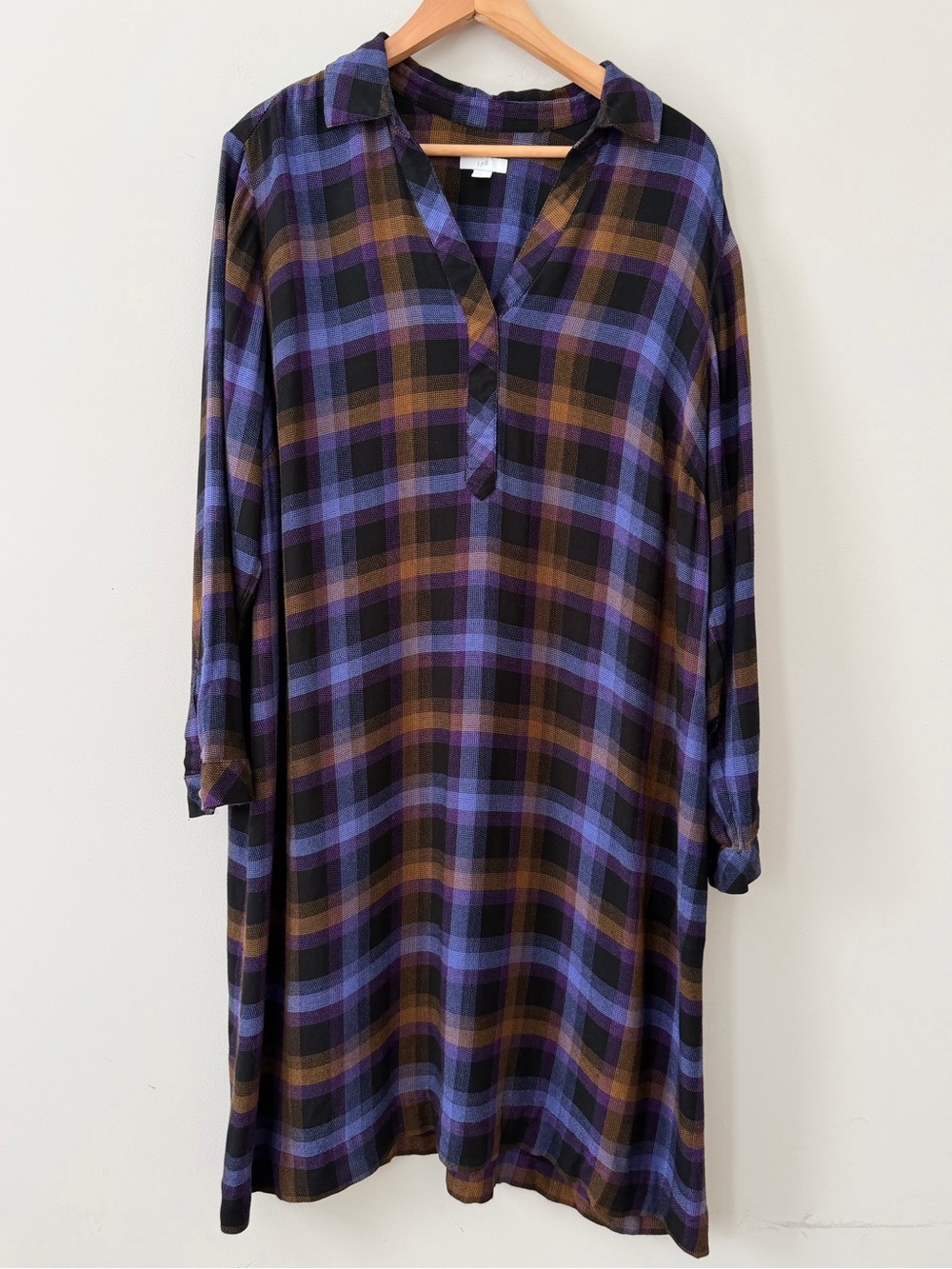 J. Jill Plaid Split Neck Rayon Midi Dress Long Sleeve Purple Brown XL